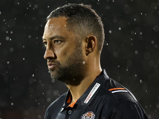 BATHURST, AUSTRALIA - APRIL 29: Tigers assistant coach Benji Marshall looks on during the round nine NRL match between Penrith Panthers and Wests Tigers at Carrington Park on April 29, 2023 in Bathurst, Australia. (Photo by Mark Metcalfe/Getty Images)