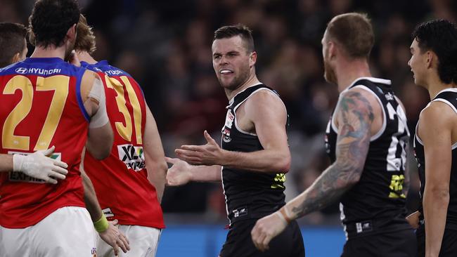 Brad Crouch was the latest to leave the ground and bump high on Friday night. Picture: Getty Images