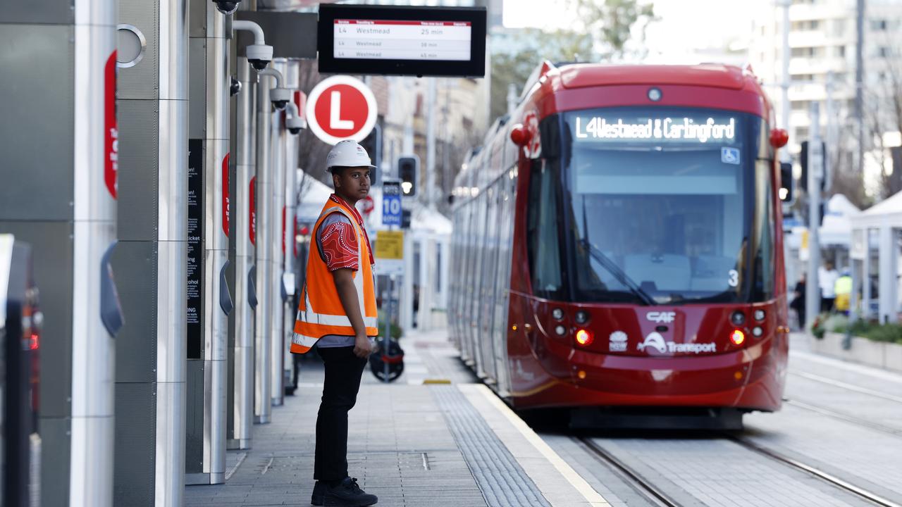 The Parramatta Light Rail being tested on Church St yesterday, amid revelations the opening date of the new service has been pushed back. Picture: Jonathan Ng