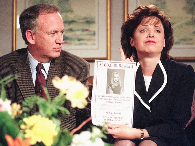 John Ramsey looks on as his wife Patsy holds an advertisement promising reward for information leading to arrest and conviction of murderer of their daughter JonBenet. Picture: Supplied