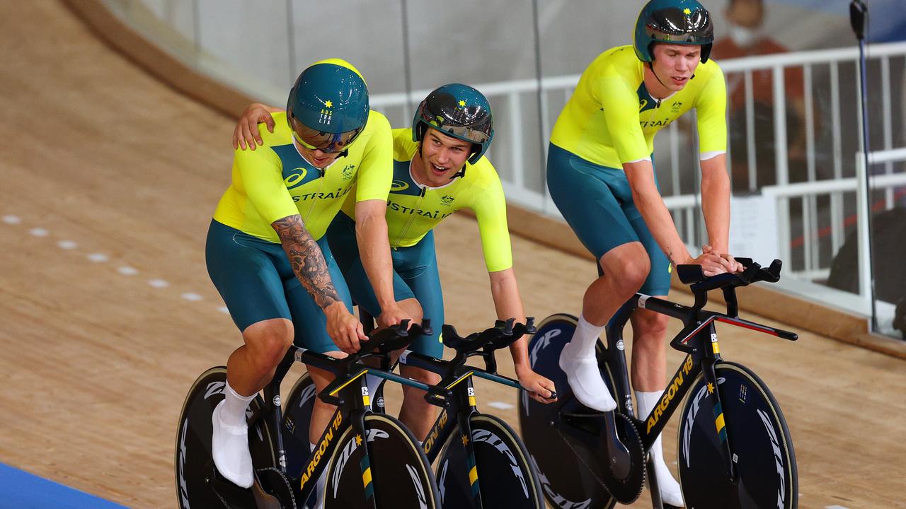 Sam Welsford, Lucas Plapp and Kelland O’Brien after their bronze-medal rides. Picture: Getty Images