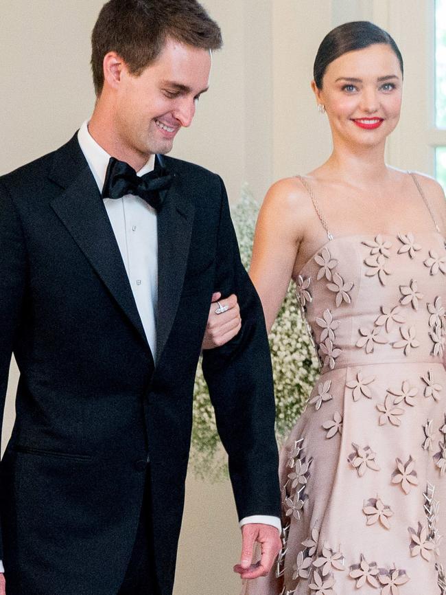 Evan Spiegel and Miranda Kerr arrive at the Nordic State Dinner at the White House. Picture: AP Photo/Andrew Harnik