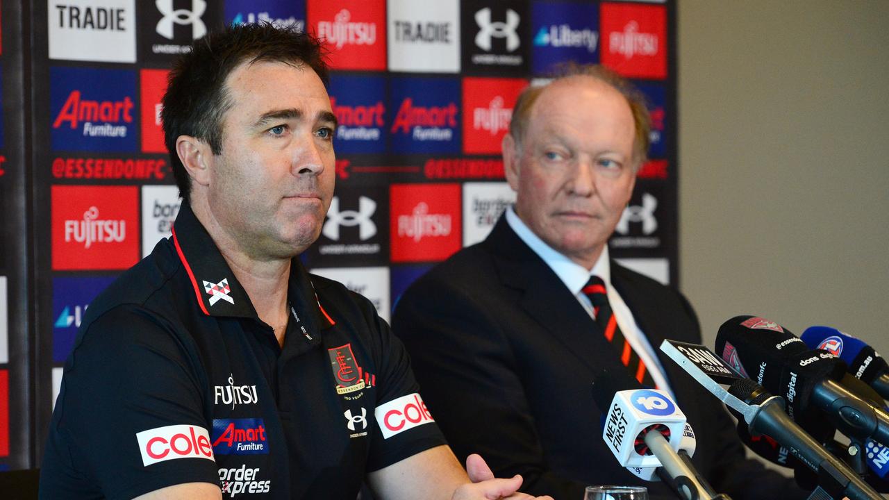 Newly-appointed Essendon coach Brad Scott with president David Barham. Picture: NCA NewsWire / Nicki Connolly