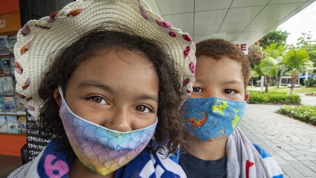 Celleste Thomson (9) and her brother Tyrone Thomson (7) from near Bunbury, Western Australia have come to Cairns for Christmas but along with their grandparents are visiting for longer than anticipated after border closures and their returned flight was cancelled. Picture: Brian Cassey