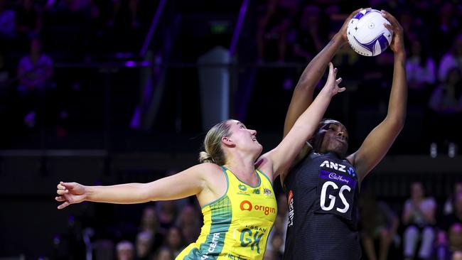 Australia’s Courtney Bruce challenges New Zealand goal shooter Grace Nweke in the netball the Constellation Cup series. Picture: Getty Images