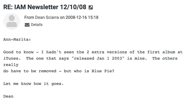 The email from a record label asking her why her songs were distributed on Blue Pie.