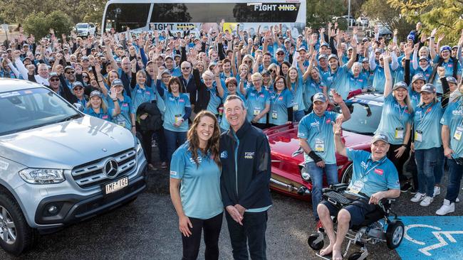 Daniher's Drive launch at Werribee Zoo. Neale Daniher is joined by his daughter Rebecca and fellow participants. Picture: Jake Nowakowski