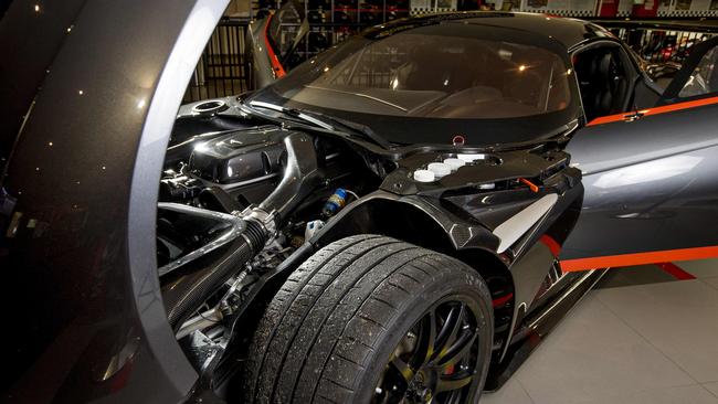 Under the hood of Mr Quinn’s Aston Martin Vulcan. Picture: Jerad Williams