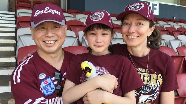 Manly fans Alf Czharn, daughter Erin and wife Debbie at Brookvale Oval.