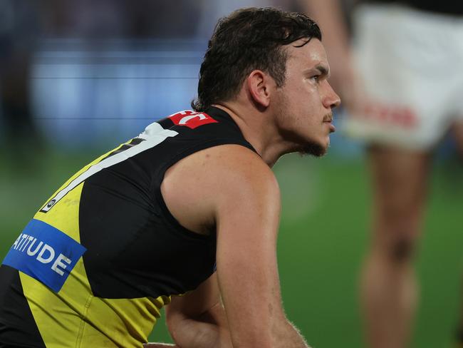 MELBOURNE, AUSTRALIA – AUGUST 03: Daniel Rioli of the Tigers looks dejected after the round 21 AFL match between North Melbourne Kangaroos and Richmond Tigers at Marvel Stadium, on August 03, 2024, in Melbourne, Australia. (Photo by Daniel Pockett/Getty Images)