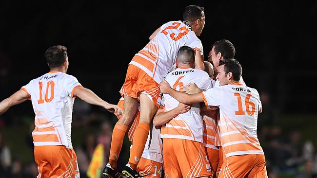 Cairns FC players celebrate Ryan Cavanagh’s goal against Sydney FC on Tuesday night. Picture: Getty Images