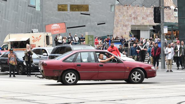 Gargasoulas doing burnouts in a stolen car shortly before going on his murderous rampage. Picture: Tony Gough