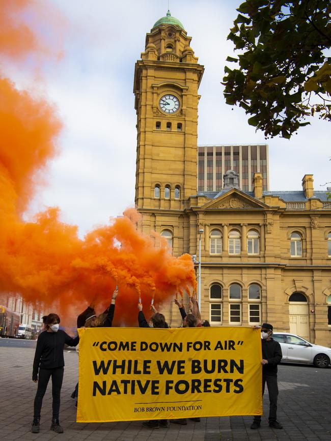 Burn Off Action by Bob Brown Foundation in Hobart. Picture: Bob Brown Foundation