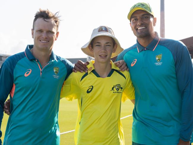 16-year-old Brothers off-spinner Cam Tomerini with Matt Kuhnemann (left) and Gurinder Sandhu (right). Picture: Cherrie Hughes/Cricket Australia