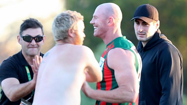 Barry Hall is confronted by a streaker while playing for The Basin in the EFL. Picture: Alex Coppel.