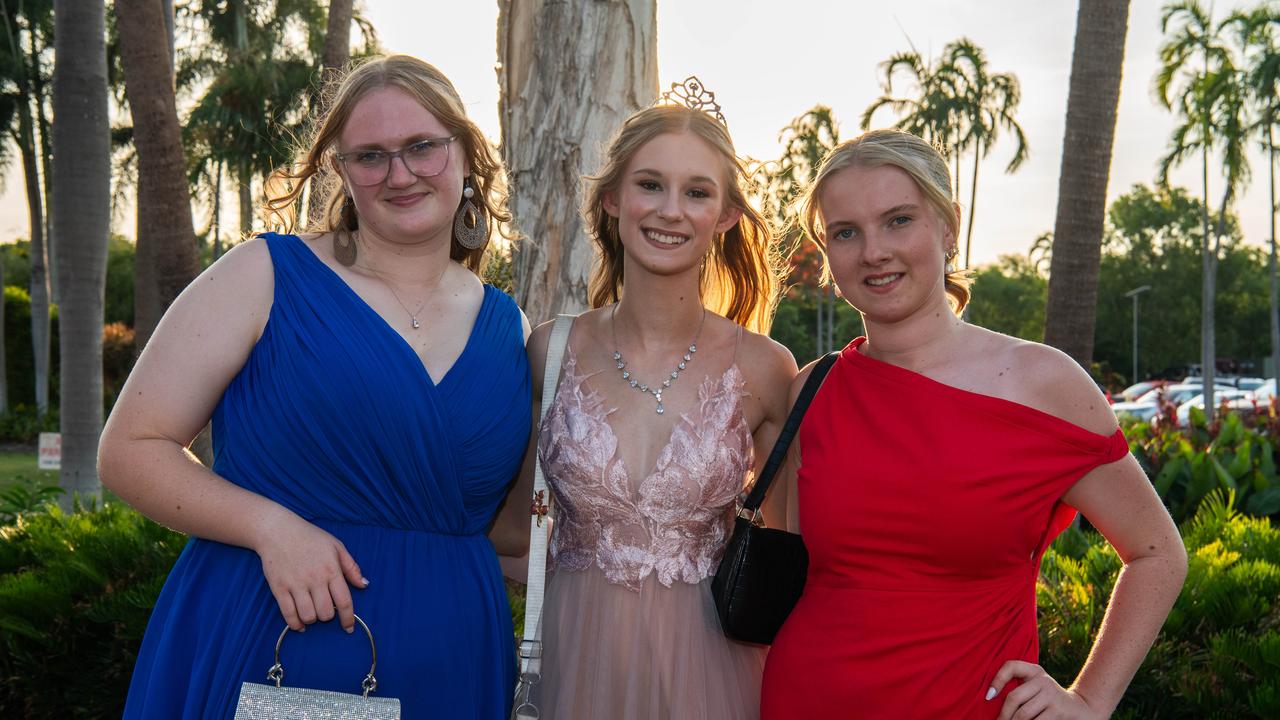 Ashley Johnson, Lily Nicholson and Pippa Barnes at the Taminmin College Year 12 School formal at Darwin Turf Club, 2024. Picture: Pema Tamang Pakhrin