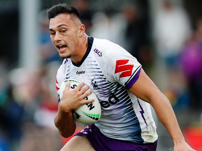 Tino Fa'asuamaleaui of the Storm runs the ball during the Round One NRL match between Manly Sea Eagles and Melbourne Storm at Brookvale Oval in Sydney, Sunday, March 15, 2020. (AAP Image/Brendon Thorne) NO ARCHIVING, EDITORIAL USE ONLY