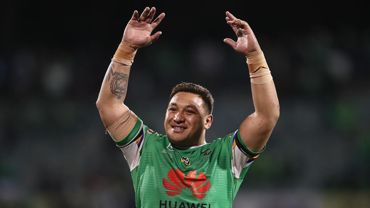 Josh Papalii of the Raiders celebrates victory in the NRL Preliminary Final match against the South Sydney Rabbitohs