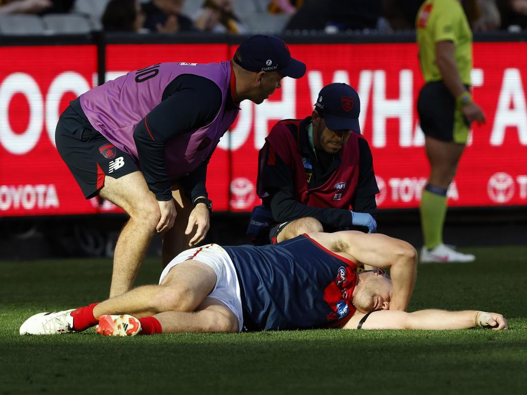 Steven May was sent to hospital on Saturday. Picture: Darrian Traynor/Getty Images