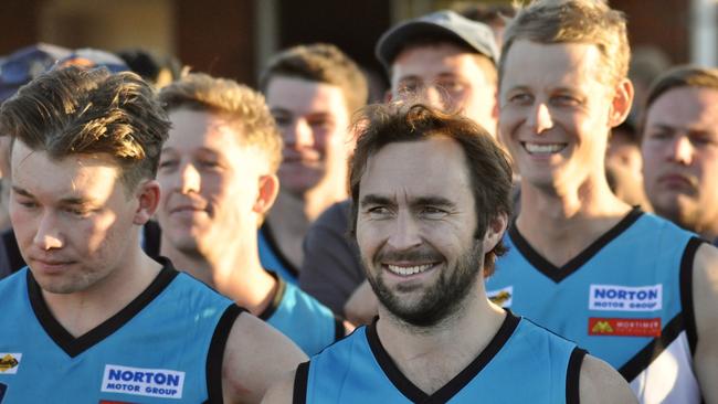 Jubilant Southern Mallee Thunder players, from left, Kai Sheers, Liam Nelson, Rupert Sangster and Zac Robins after the win over Warrack Eagles. Picture: Georgia Hallam