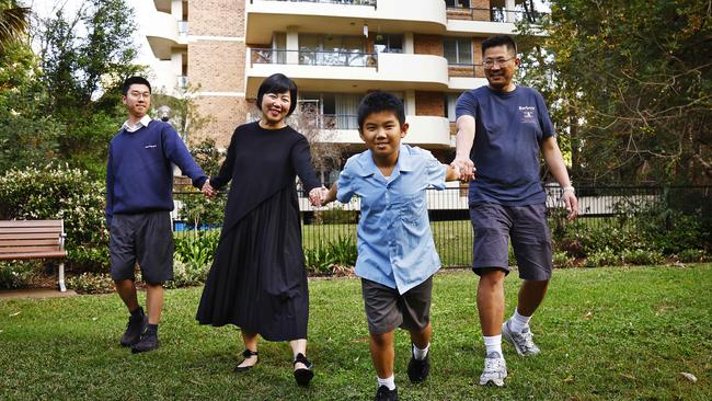 Sydney family, Sammi Chung with her two kids and husband are looking to buy within the Chatswood catchment zone. Picture: Sam Ruttyn
