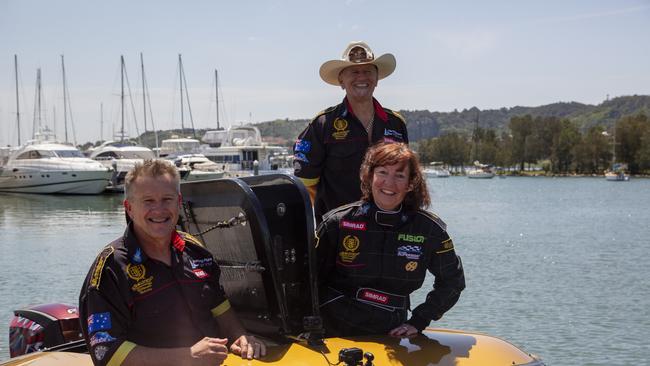 Marmong Point's Les Binkin (left), Lake Macquarie Mayor Kay Fraser and Superboats boss Conn Saloumidis. Supplied: Lake Macquarie Council