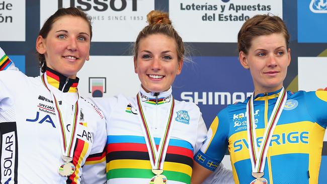 Pauline Ferrand-Prevot (centre) of France has been labelled Kate Middleton’s Olympic twin. Picture: Bryn Lennon/Getty Images