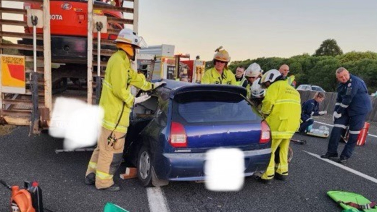 Firefighters worked for about 30 minutes to free the man after a horror crash on the Bruce Hwy south of Gympie.