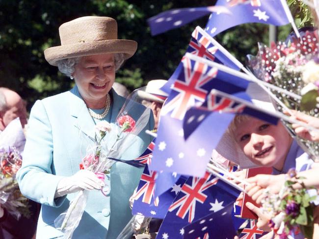 Queen Elizabeth II smiles on a royal walkabout in Launceston, Tasmania, in 2000.