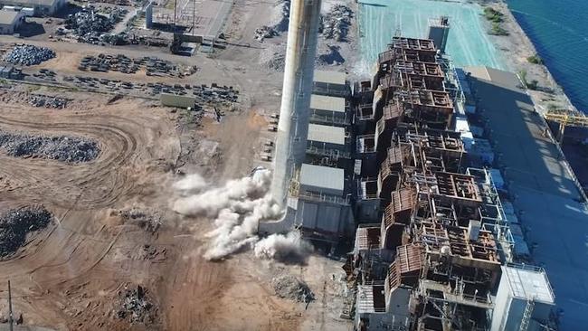 The Playford B Chimney at Port Augusta being demolished.