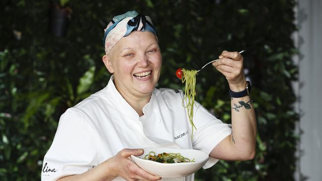 Chef Naomi Lowry isn’t letting chemo get her down, she’s still running the kitchen at her restaurant Culina et Vinum. Picture: Justin Lloyd.