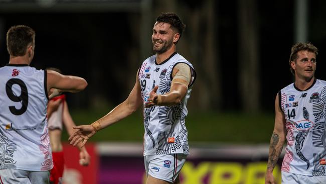 Jarrod Brander celebrates a goal for Southern Districts against Waratah in the opening round of the 2024-25 NTFL season. Picture: Pema Tamang Pakhrin