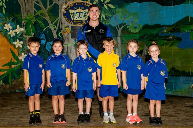 Marian State School 2022 Prep 12D. (L-R) Lachlan Graham, Mila Gjuzi, Toby Timms, Jake Martin, Elara Phillips, Caterina Loader. Teacher: Mr Matthyssen. Picture: Michaela Harlow MKY2022PREP