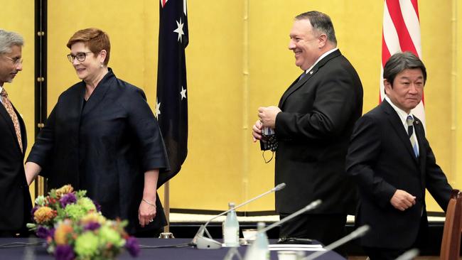 US Secretary of State Mike Pompeo (2nd R), Japan's Foreign Minister Toshimitsu Motegi (R), India's Foreign Minister Subrahmanyam Jaishankar (L) and Australia's Foreign Minister Marise Payne (2nd L) take their seats as they attend the Quad meeting. Picture AFP.