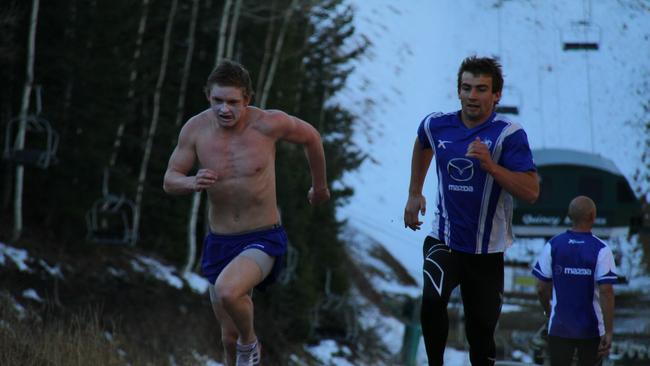 North Melbourne Football Club training camp in Utah. Jack Ziebell and Ben Cunnington head to the finish line.