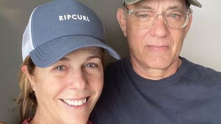 Tom Hanks and wife Rita Wilson in the picture that accompanied Tom's Instagram post from quarantine in hospital.