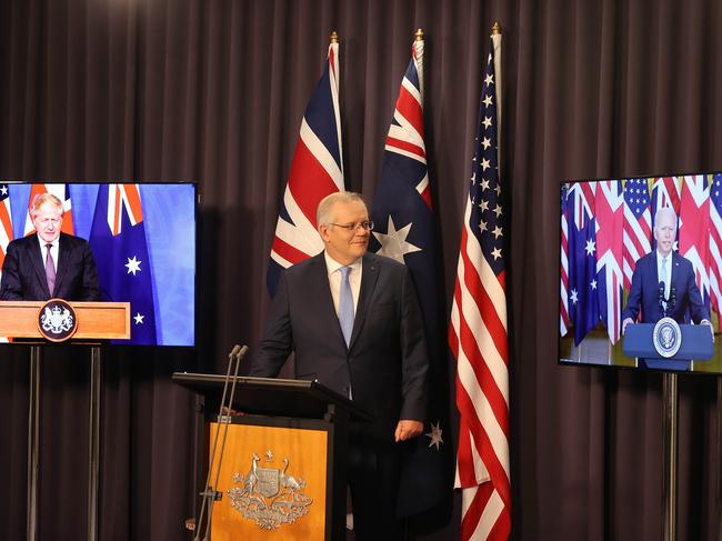 Scott Morrison, Boris Johnson and Joe Biden announce the creation of an enhanced trilateral security partnership called AUKUS alliance. Picture: Newswire/Gary Ramage