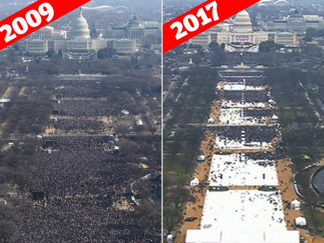 This pair of photos shows a view of the crowd on the National Mall at the inaugurations of President Barack Obama, above, on Jan. 20, 2009, and President Donald Trump, below, on Jan. 20, 2017. The photo above and the screengrab from video below were both shot shortly before noon from the top of the Washington Monument. (AP Photo)