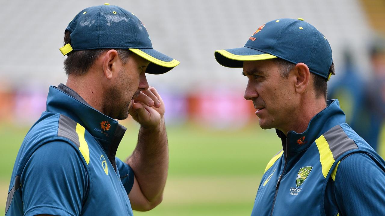 Australia's head coach Justin Langer (L) and Australia's assistant coach Ricky Ponting attends a training session at Edgbaston in Birmingham, central England on July 10, 2019, ahead of their 2019 Cricket World Cup semi-final match against England. (Photo by Paul ELLIS / AFP) / RESTRICTED TO EDITORIAL USE