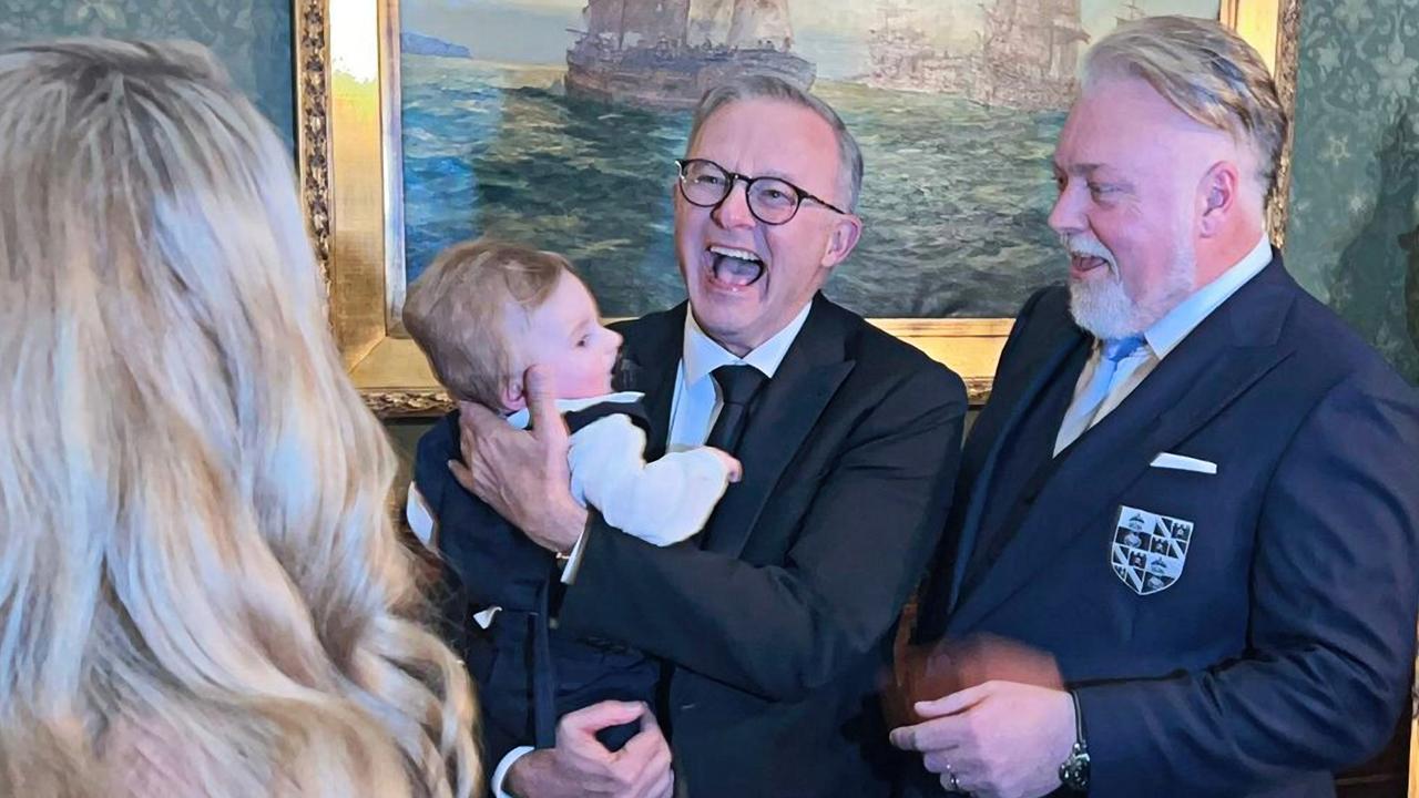 Australian Prime Minister Anthony Albanese was captured with Kyle Sandilands and Tegan Kynaston’s son, Otto. Picture: Twitter