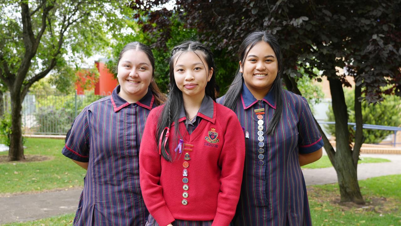 Our Lady of the Sacred Heart captain Jayla Ngo (centre) with co-vice captains Maria LaMontagna (left) and Nguyet Anh Trinh (right). Picture: Supplied