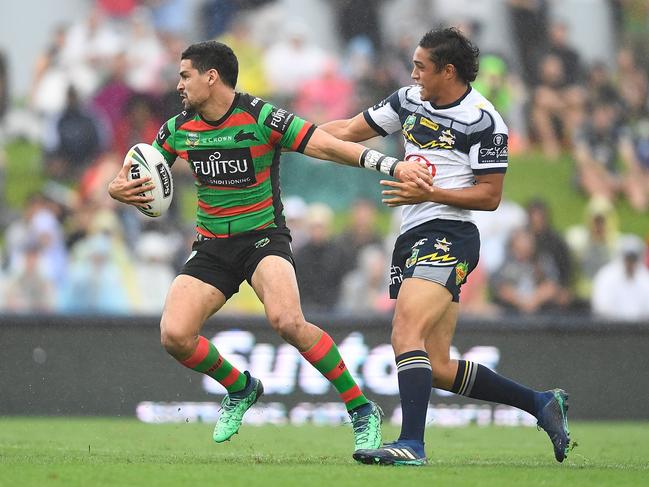 Cody Walker and Enari Tuala of the Cowboys during the last NRL match at Barlow Park, in 2018. (Photo by Ian Hitchcock/Getty Images)