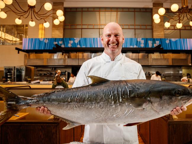 Executive Chef Tony Carroll with a wild Kingfish at Fishbank, the restaurant on October 12, 2020 in Adelaide. Picture Matt Turner.