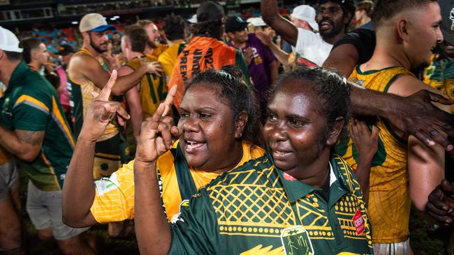 St Mary's fans celebrates their win in the 2023-24 NTFL Men's Grand Final between Nightcliff and St Mary's. Picture: Pema Tamang Pakhrin