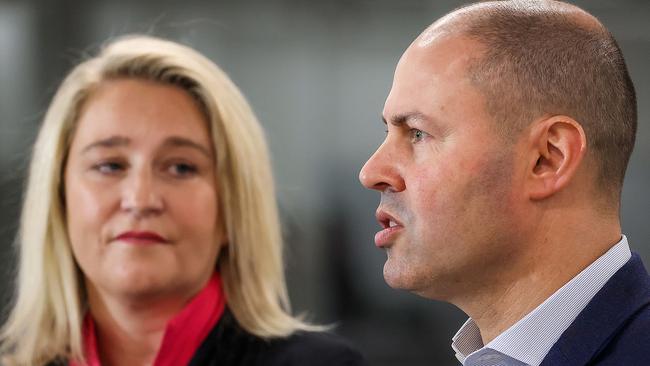 Breast Cancer Network Australia chief Kirsten Pilatti with federal treasurer Josh Frydenberg. Picture: NCA NewsWire / Ian Currie