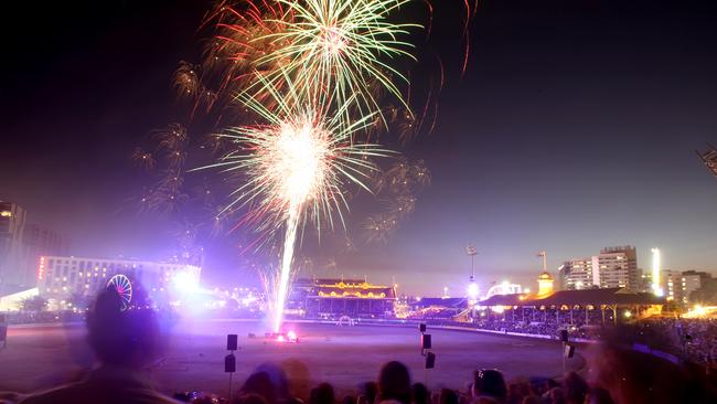 General view of the fireworks over sideshow alley at the Queensland Royal Exhibition Show, known as the EKKA, in Brisbane, Wednesday, August 16, 2017. Picture: AAP Image/Steve Pohlner