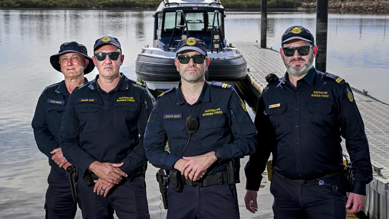 Australian Border Force Senior Border Force Officers Ron, Shane, Steve and Tim at the boat ramp ready to take their Patrol Boat out at Port Pirie. Picture: Mark Brake