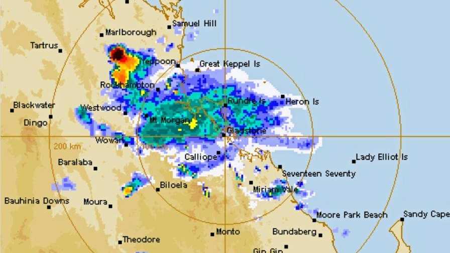 LATEST RADAR: This rainfall radar image for 8.20pm shows Rockhampton finally getting hit by the rain and a vicious storm cell travelling to the north. Picture: BoM