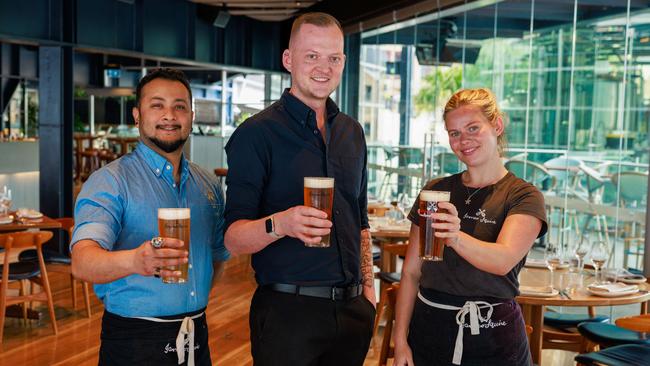 Manish Sen, Jack Riley and Lucy Tulloch at The Squire's Landing, at Circular Quay, on Monday. Picture: Justin Lloyd