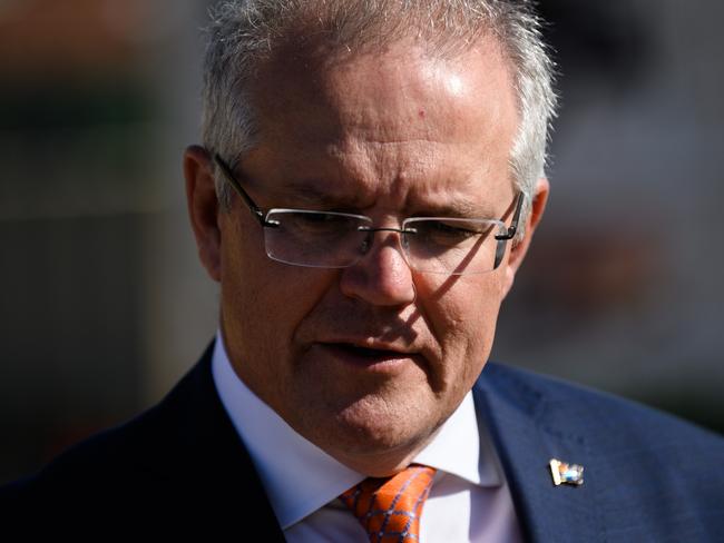 Prime Minister Scott Morrison speaking to media after a tour of a construction site at Randwick Hospital in Sydney, Thursday, October 10, 2019. (AAP Image/James Gourley) NO ARCHIVING